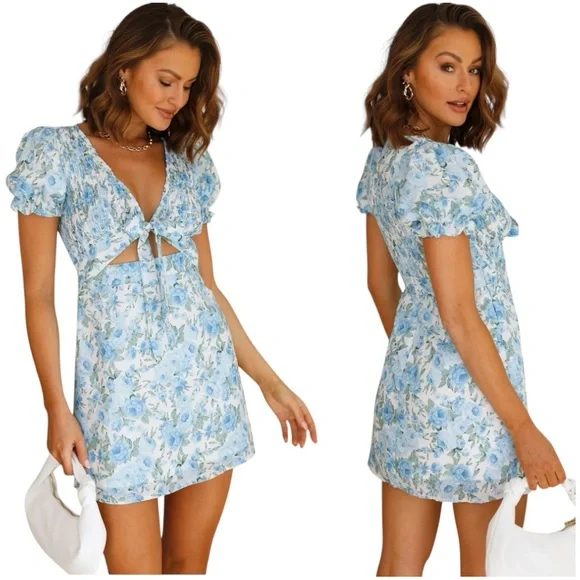 Hello Molly Picnic Loving Tie Front Dress - Blue Floral Print - Size Small - NWT - Picture 1 of 15